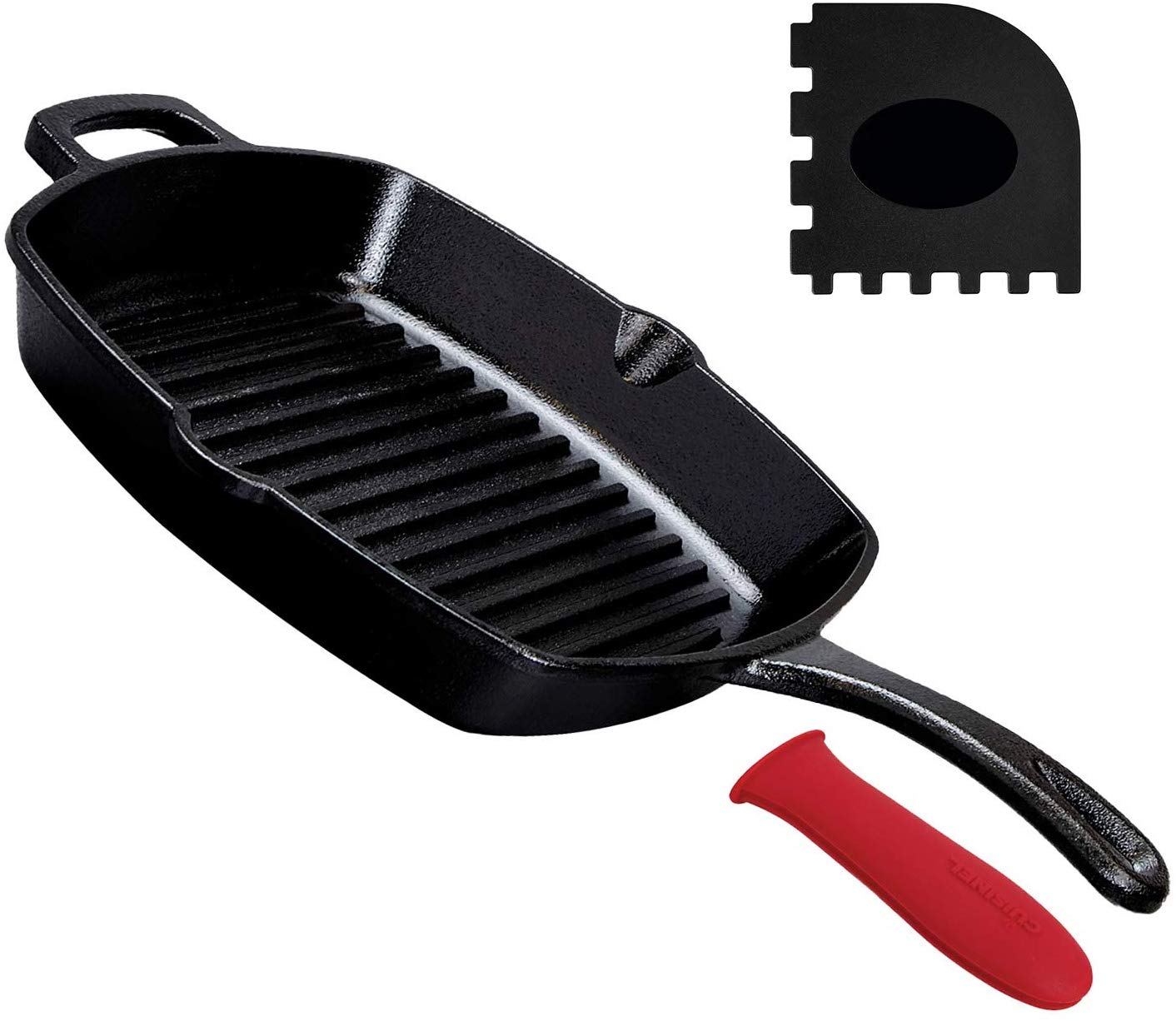 Cast Iron Square Grill Pan - 10.5 Inch Pre-Seasoned Skillet with Handle Cover and Pan